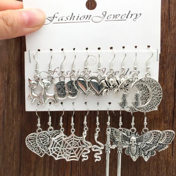 Gothic Earrings 10 Pairs Silver Tone Hook NWT - Picture 1 of 3